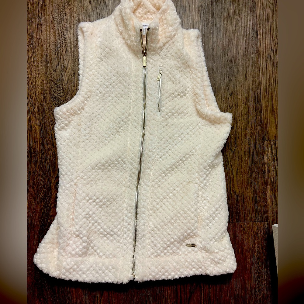 Calvin Klein Fuzzy White Vest with Gold Zippers. Size XS